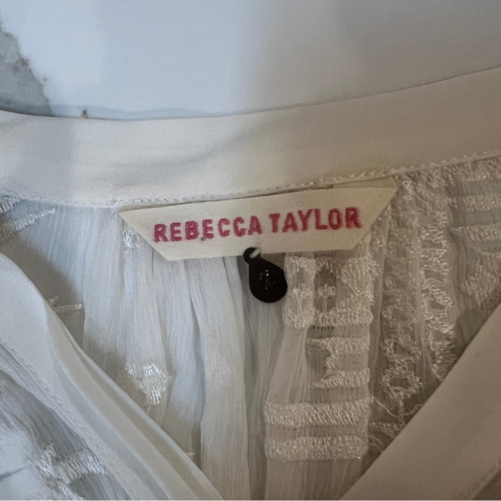 REBECCA TAYLOR 100% Silk Ivory blouse Button Front Sz 2 Sheer Bohemian Boho - Picture 3 of 10